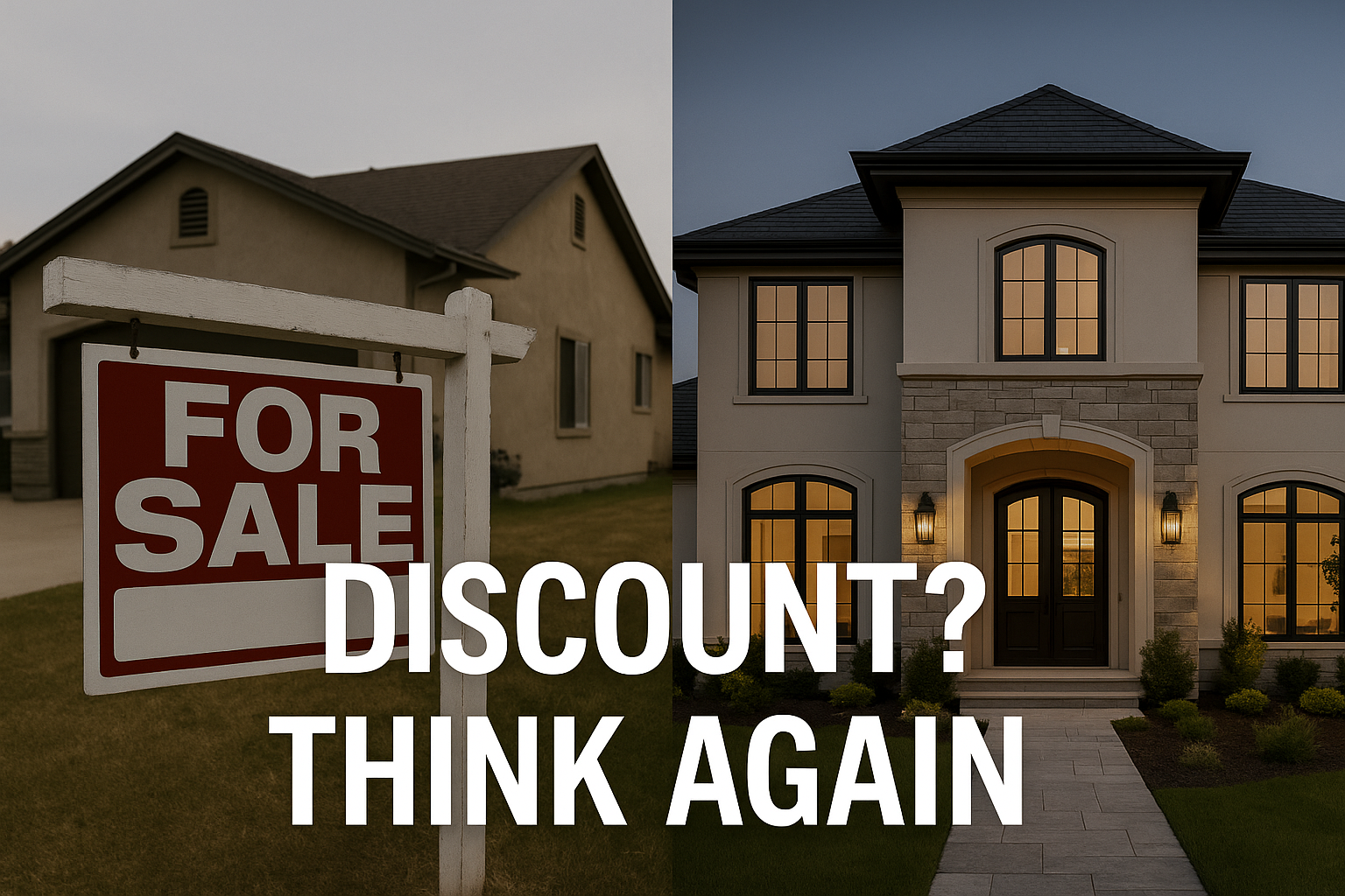 Split image showing an old “For Sale” sign and a luxury home with the text ‘Discount? Think Again,’ illustrating why 2% Realty Alberta is full service, not discount.