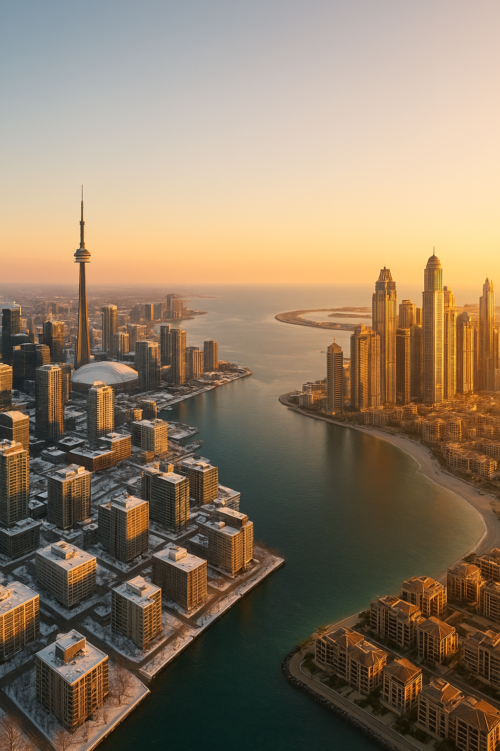 Skyline transition showing the Canada to Dubai real estate investor shift into luxury property markets.