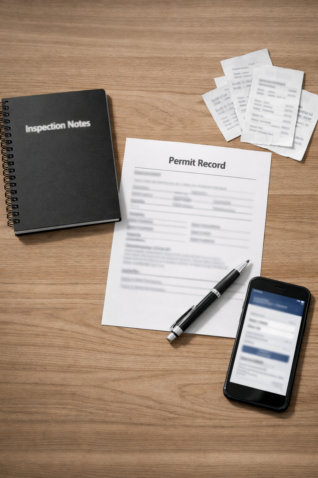 Permits vs renovated Alberta checklist beside a home inspection report and renovation receipts