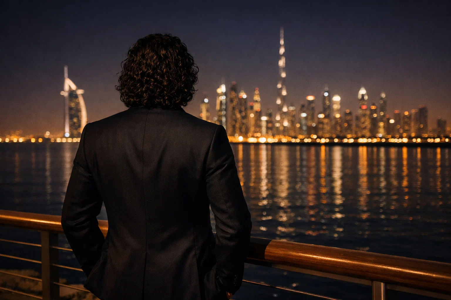 man with long curly dark hair standing from behind on the Jumeirah Beach boardwalk in Dubai at night facing the lit skyline