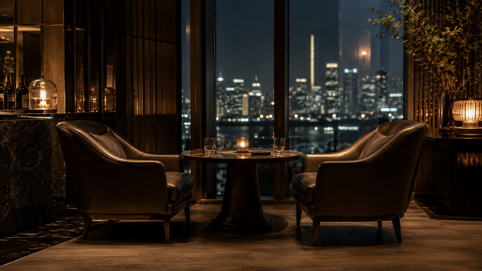quiet luxury lounge with two empty chairs and a small table overlooking a city skyline at night