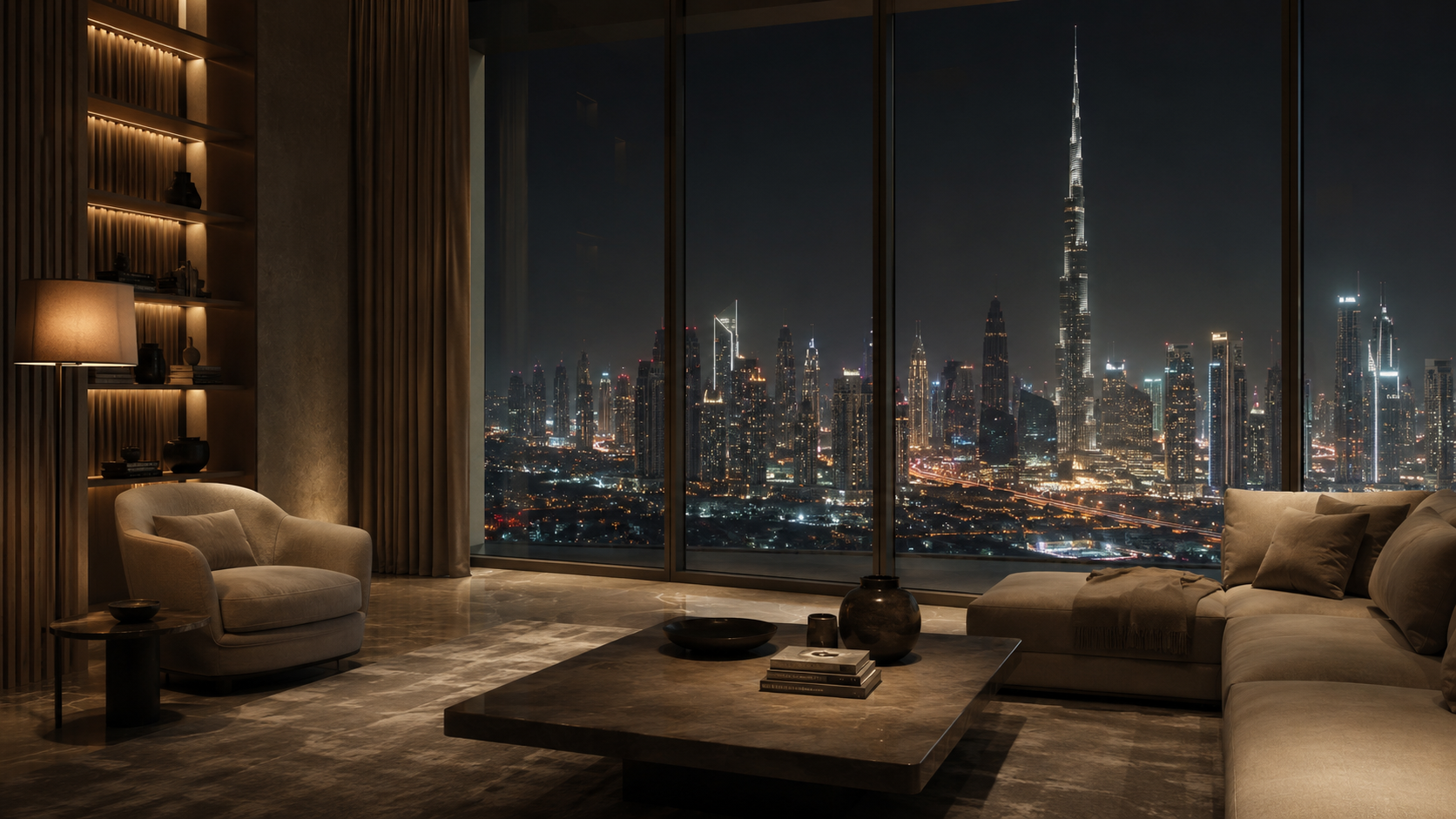 quiet luxury interior with floor-to-ceiling windows overlooking a city skyline at night