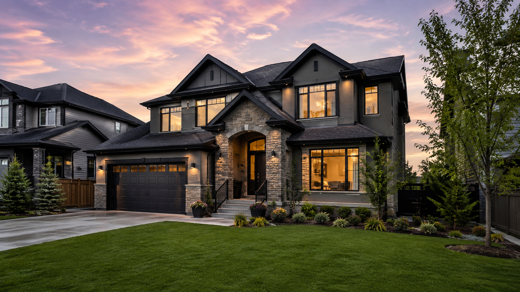 luxury house exterior in Alberta at dusk with sold-style curb appeal and no people