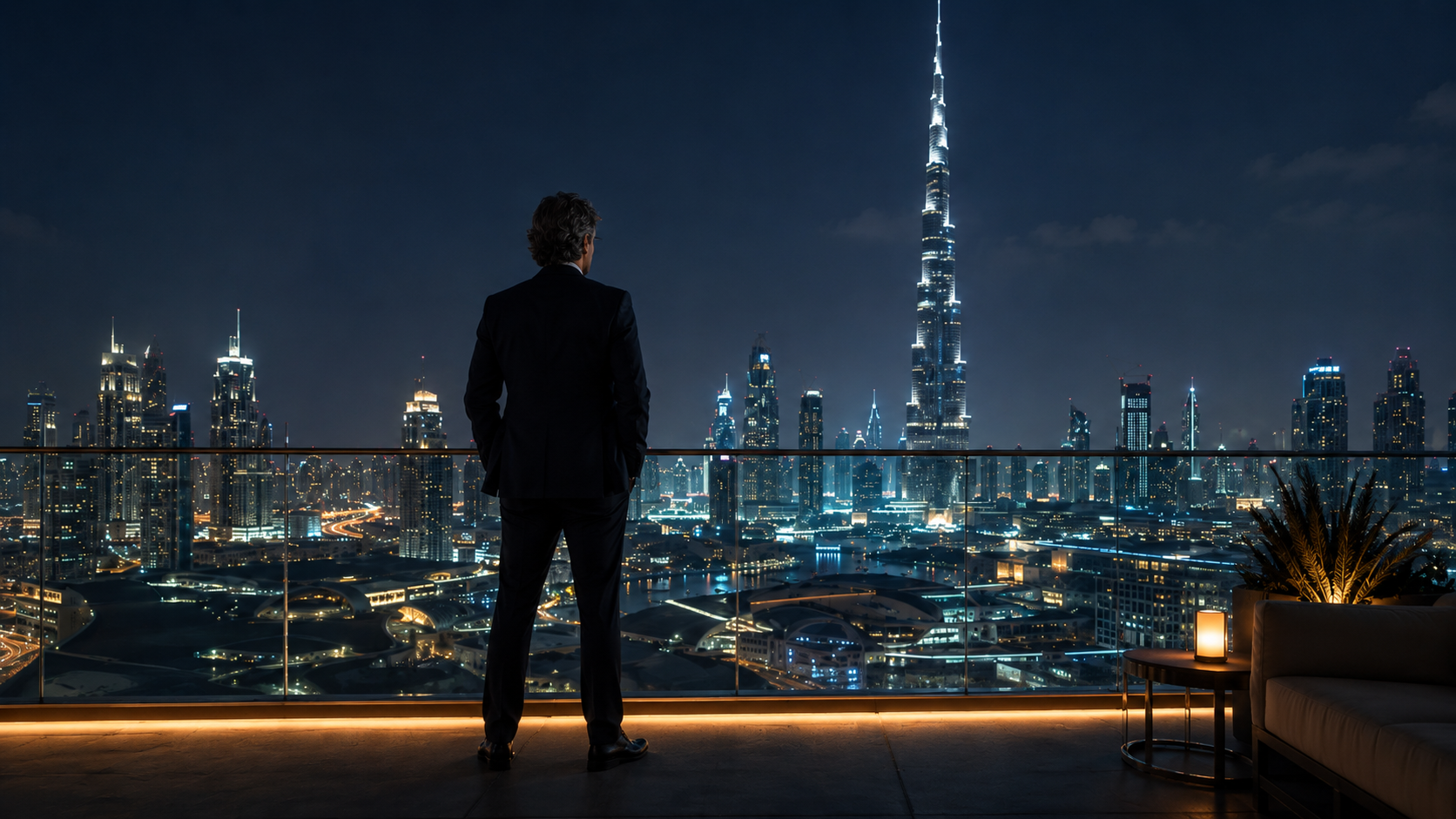 man in a dark suit with salt and pepper curly hair standing on a luxury Dubai rooftop at night overlooking the Burj Khalifa