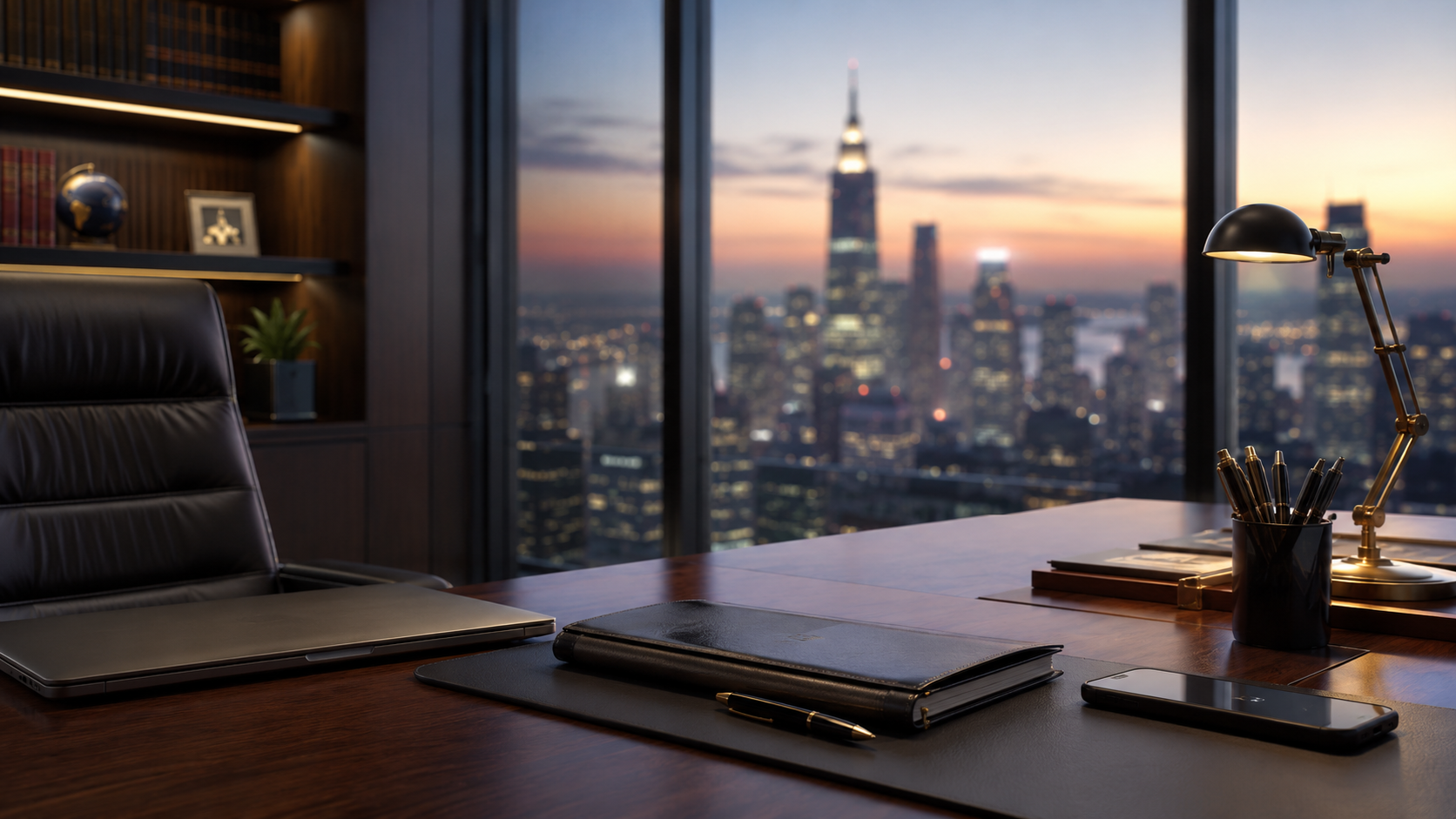 executive office desk with city skyline at dusk representing discretion consistency and trust
